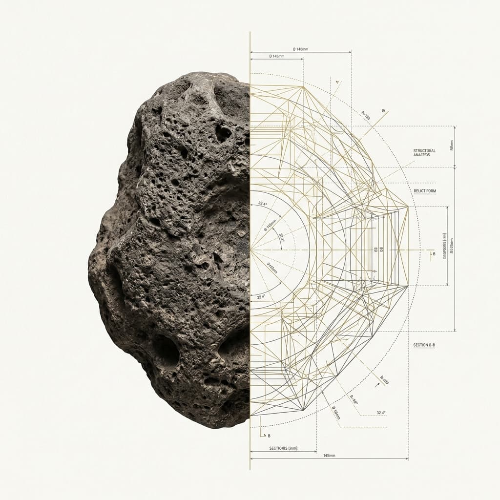 Architectural blueprint overlaid on archaeological rock